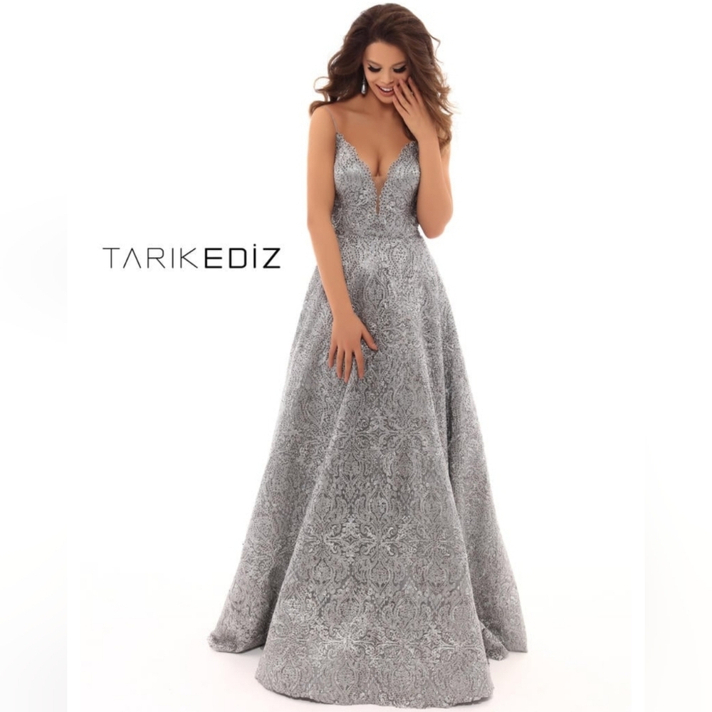 Tarik Ediz Silver jeweled glitz bling lace dress gown 8 40